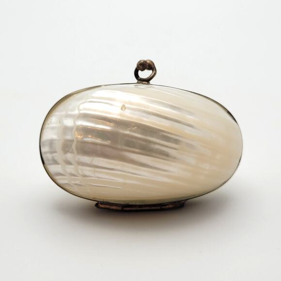 Antique Victorian Mother of Pearl Shell Trinket Box Brass Hinged Jewelry Holder - Picture 1 of 9